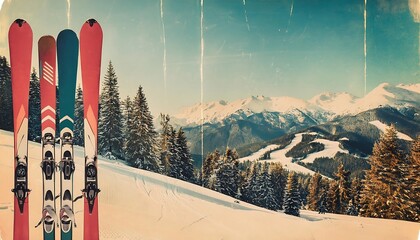 Retro ski resort collage showcasing snowy mountains and vintage ski equipment for a classic winter getaway. Generative AI