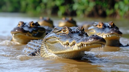 Obraz premium Close-up of a Spectacled Caiman's Head with Other Caimans in the Background