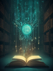 A glowing open book surrounded by digital data streams and a globe, symbolizing knowledge and technology.