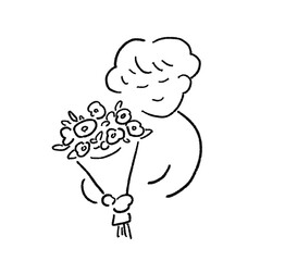 Obraz premium 花束を持つ人物のイラスト モノクロ