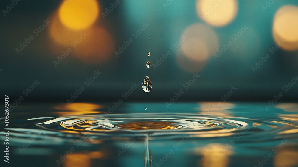Poster   A detailed photo of a droplet of water on a surface, set against hazy background lights and featuring another droplet of water in sharp focus