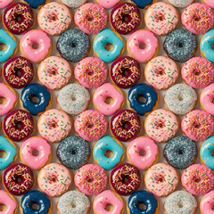 An array of donuts seamless pattern, top-view photo. Each doughnut has colored icing with sprinkles.