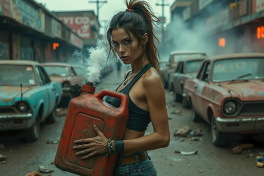 latin american Woman stand on street with cars, holding red plastic jerrycan canister. jerry can. need of benzine oil diesel fuel.  rebel lady girl with jerrican in post apocalipsis city background