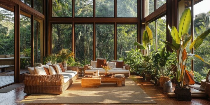 A nature-filled living space with rattan furniture, large tropical plants, wooden flooring, and expansive windows that bring the outdoors inside