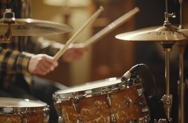 Obraz premium A Drummers Hands Playing a Snare Drum in a Studio