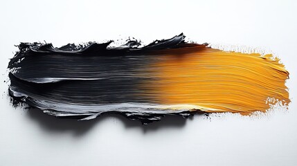 Large horizontal brush of coal-black and bright yellow oil paint on white canvas. Textured surface...