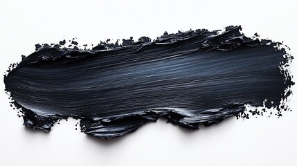 Large horizontal brush of black oil paint on white canvas. Textured surface and rich color create a...