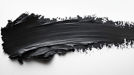 Large horizontal brush of black oil paint on white canvas. Textured surface and rich color create a...