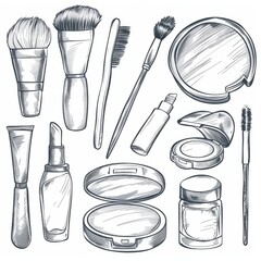 Makeup kit drawing: sketch mascara, nail polish, foundation doodle, mirror, lipstick, brush, cosmetic
