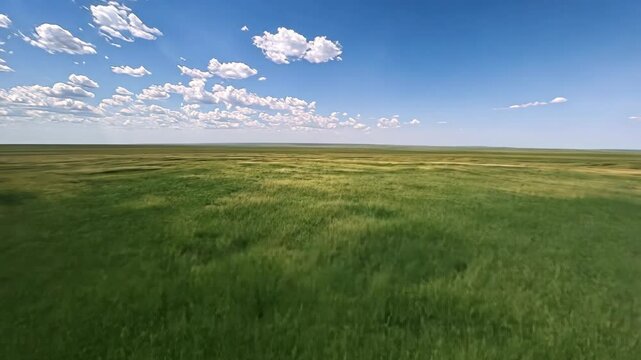 A vast field of grass stretches out under a blue sky with fluffy white clouds