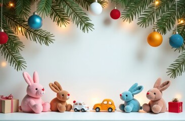 Fototapeta premium New Year card with children's toys, cars and teddy bear, garlands on a white clean background with space for text, layout for a postcard for kids