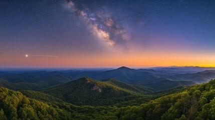 A panoramic view of a mountain range at night, with the Milky Way galaxy visible in the sky and a sliver of moon in the distance. 