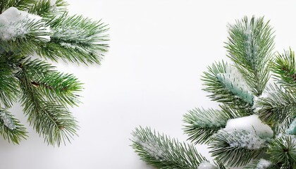 Obraz premium christmas tree pine leaves covered with snow on white background abstract greeting cards, banners, merry christmas, happy winter, new year eve , new year celebrations