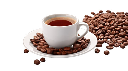A cup of coffee surrounded by roasted coffee beans on a plate.