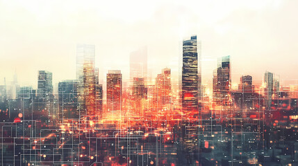 Fototapeta premium Digital cityscape: networked urban future. Virtual Cityscape. Illustration