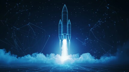 Futuristic Rocket Launch in Digital Space with Blue Light Effects