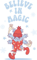 Naklejka premium Whimsical snowflake retro groovy winter character