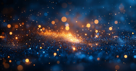 Fototapeta premium Abstract Background with Dark Blue and Gold Particles: Christmas Golden Light Shine Bokeh on Navy Blue Background with Gold Foil Texture for Holiday Concepts