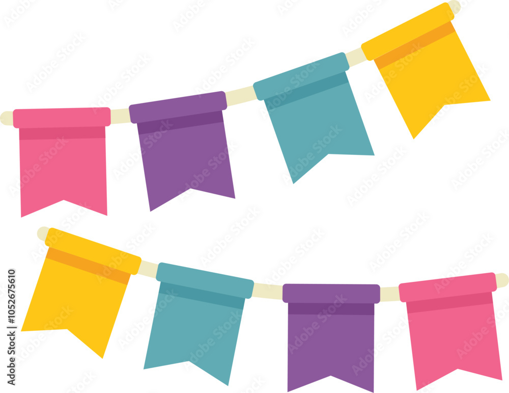 Poster two strings with colorful flags hanging on them, creating a festive atmosphere