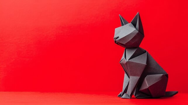 Geometric Black Cat Sculpture on Red Background - Powered by Adobe
