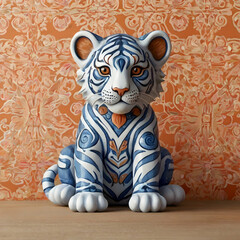 Create an illustration of a cute tiger cub in a stylized, artful design, mainly blue with orange and white details. The cub should have elaborate, patterned markings inspired by Indian or Middle Easte