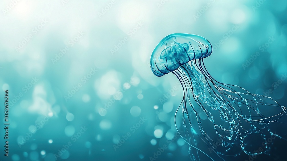 Poster   A detailed image of a jellyfish floating in water, with visible bubbles on its back and a soft, hazy background