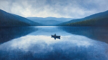 A lone canoeist paddles across a tranquil lake, surrounded by misty mountains, reflecting the serenity of the natural world.