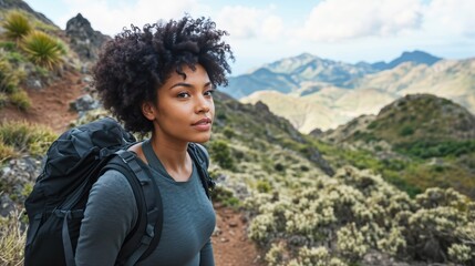 Naklejka premium Black Woman Hiking In Mountain Landscape, Bacpacking and Trekking Activity
