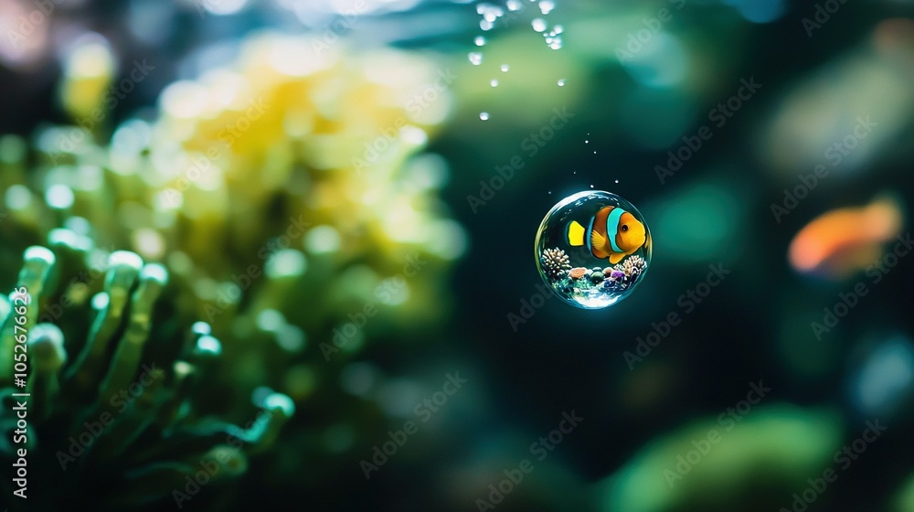 Poster a focused photo of an air bubble with a tree in the distance and hazy surroundings