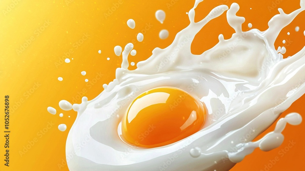 Poster a close-up of an egg with milk splashing from its shell onto an orange and yellow background