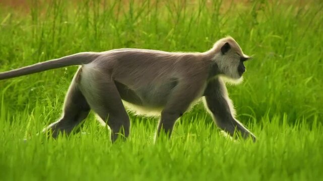 Tufted gray langur Semnopithecus priam also known Madras gray and Coromandel sacred langur, Old World mainly a leaf-eating monkey, found in southeast India and Sri Lanka, feeds on rice field.