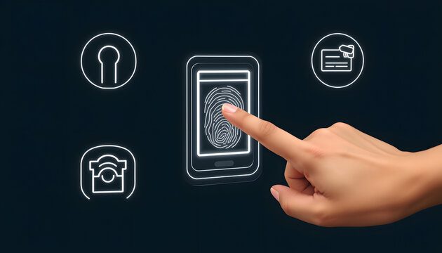 Hand scanning proximity ID card on reader access control system for door unlock with security icons for identity or verification identify for safety detect fingerprint scan or check attendance isola