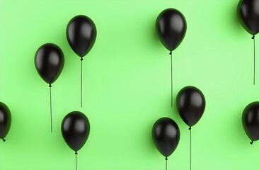 White frame and black balloons around on green background. Flat lay mockup. Black Friday shopping promotion concept. For banner, poster