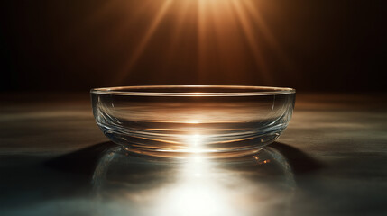 An empty glass bowl illuminated by light rays from above