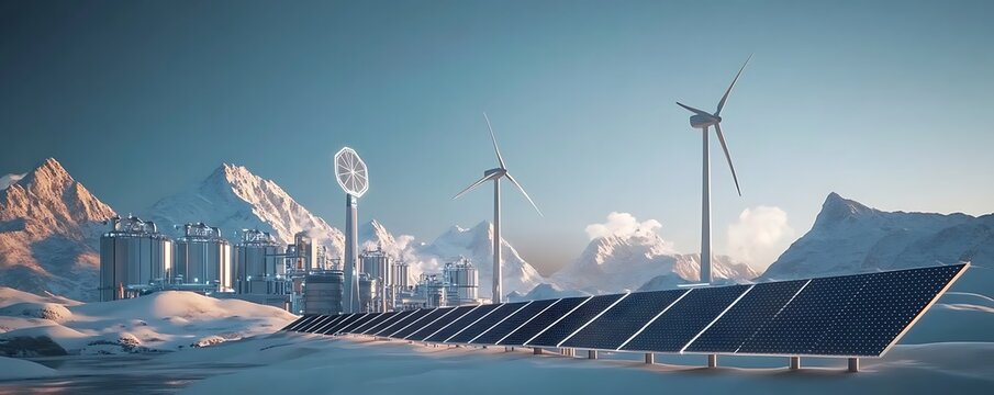 A futuristic power plant harnessing renewable energy from solar panels and wind turbines