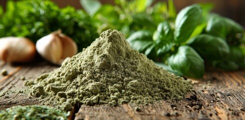 Green Powdered Herbs and Garlic on Wooden Surface