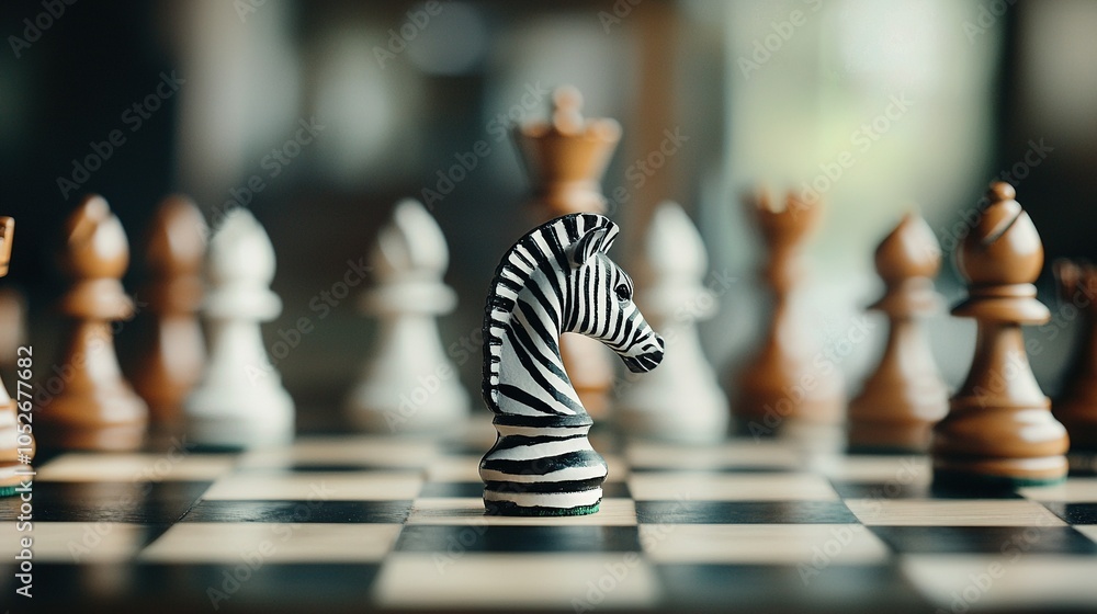Poster close-up of a chessboard with a zebra figurine on one side and another chesspiece on the other