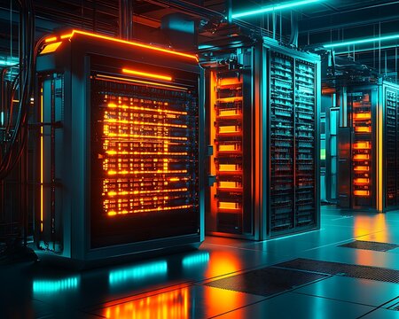 A glowing supercomputer in a high-tech research facility analyzing massive amounts of data