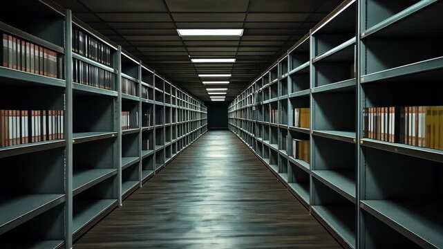 A long, dark hallway lined with metal shelves, filled with rows of tapes, in a storage facility