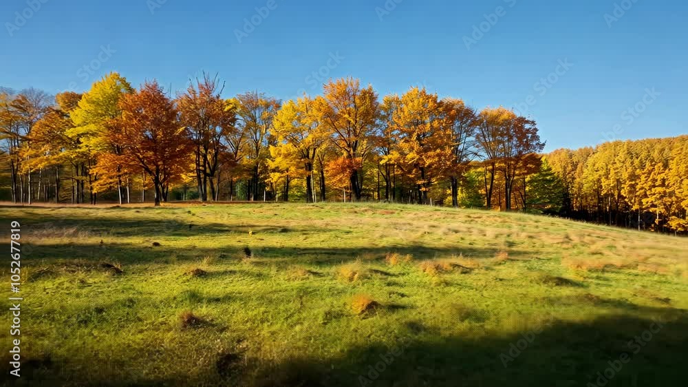 Poster a grassy field with a line of trees in the background, all displaying vibrant fall colors