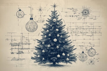 Christmas Tree Blueprint in an Antique Style with Sepia Toned Background - Showcasing Intricate Ornaments, Structural Design, and Wireframe Details for a Nostalgic Holiday Look