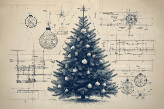 Christmas Tree Blueprint in an Antique Style with Sepia Toned Background - Showcasing Intricate Ornaments, Structural Design, and Wireframe Details for a Nostalgic Holiday Look