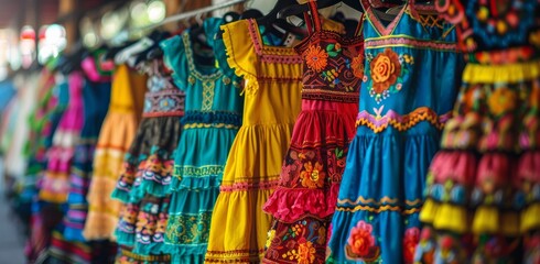 Colorful Embroidered Dresses Hanging On A Wooden Railing