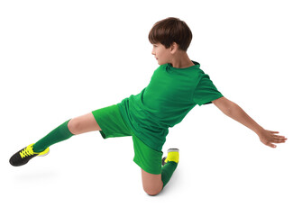 Boy with soccer ball playing football on white background