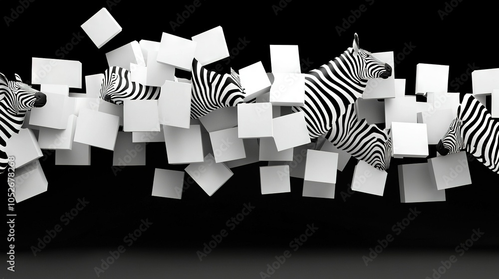 Poster a monochrome image depicting a zebra's head encircled by squares and rectangular frames
