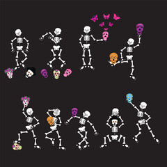 Set of skeletons dancing with sugar skulls. Vector illustration on black background.