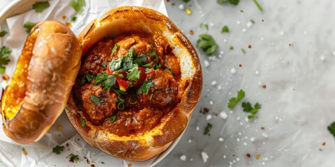 Bunny Chow on a white quartz background, South African street food, Hollowed bread filled with curry, Modern presentation with vibrant colors