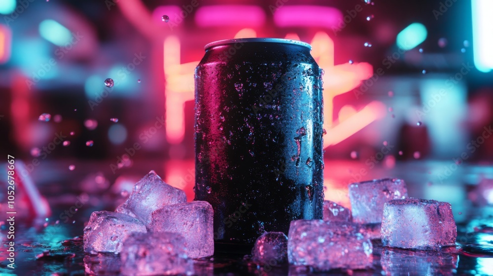 Poster A can of soda is sitting on a table with ice cubes scattered around it. The can is wet, with condensation dripping down the sides.
