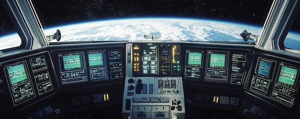 Obraz premium A tech-laden control panel aboard a space station orbiting Earth with bright display screens