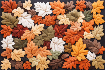 Fototapeta premium A vibrant arrangement of various autumn leaves in shades of orange, red, yellow, and green, creating a rich tapestry of fall colors. The leaves are intricately designed and layered